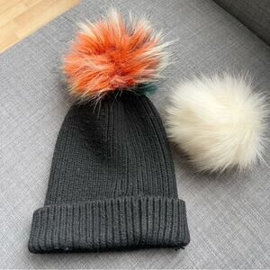 Anthropologie Black Knit Wool Blend Beanie with Multicolor Detachable Pom-Pom